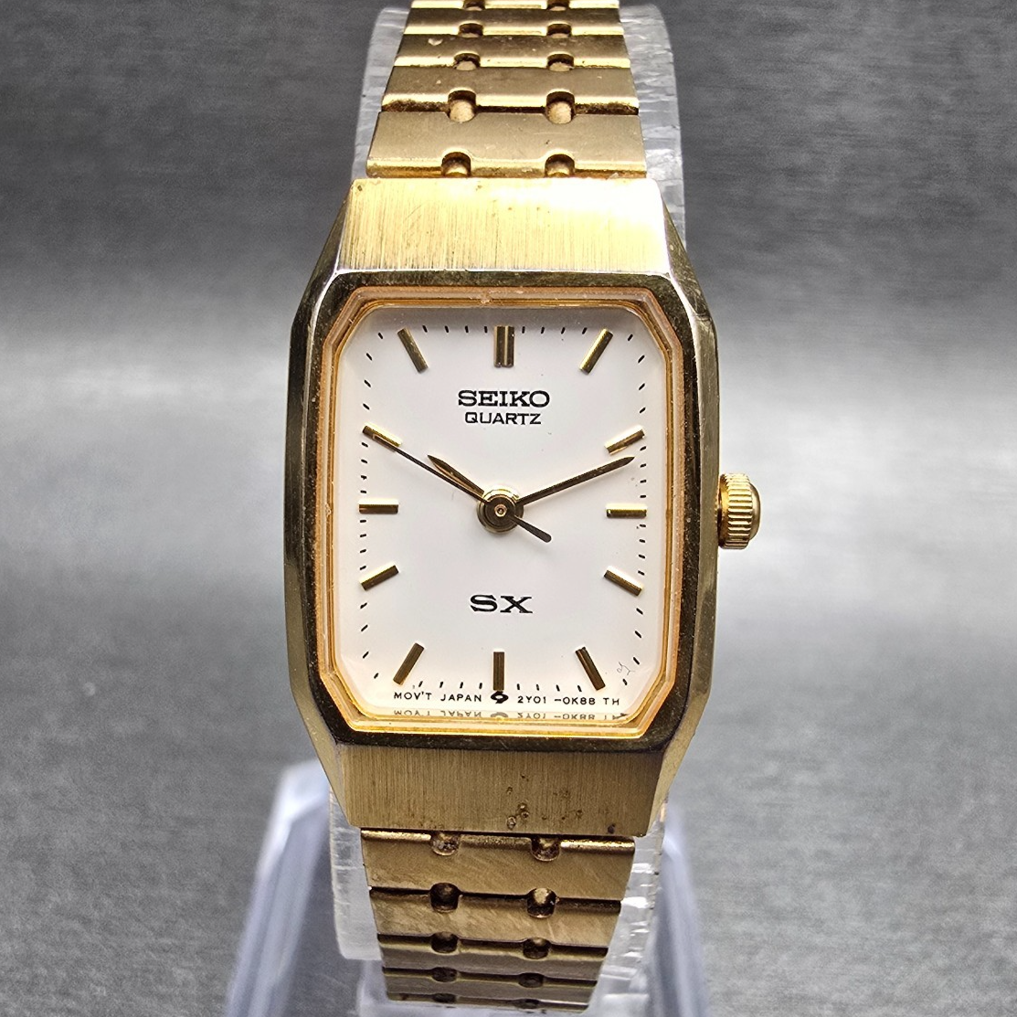 Seiko SX Tank Watch Women 17mm White Dial Gold Rectangle 2Y01-5D20 New Battery0