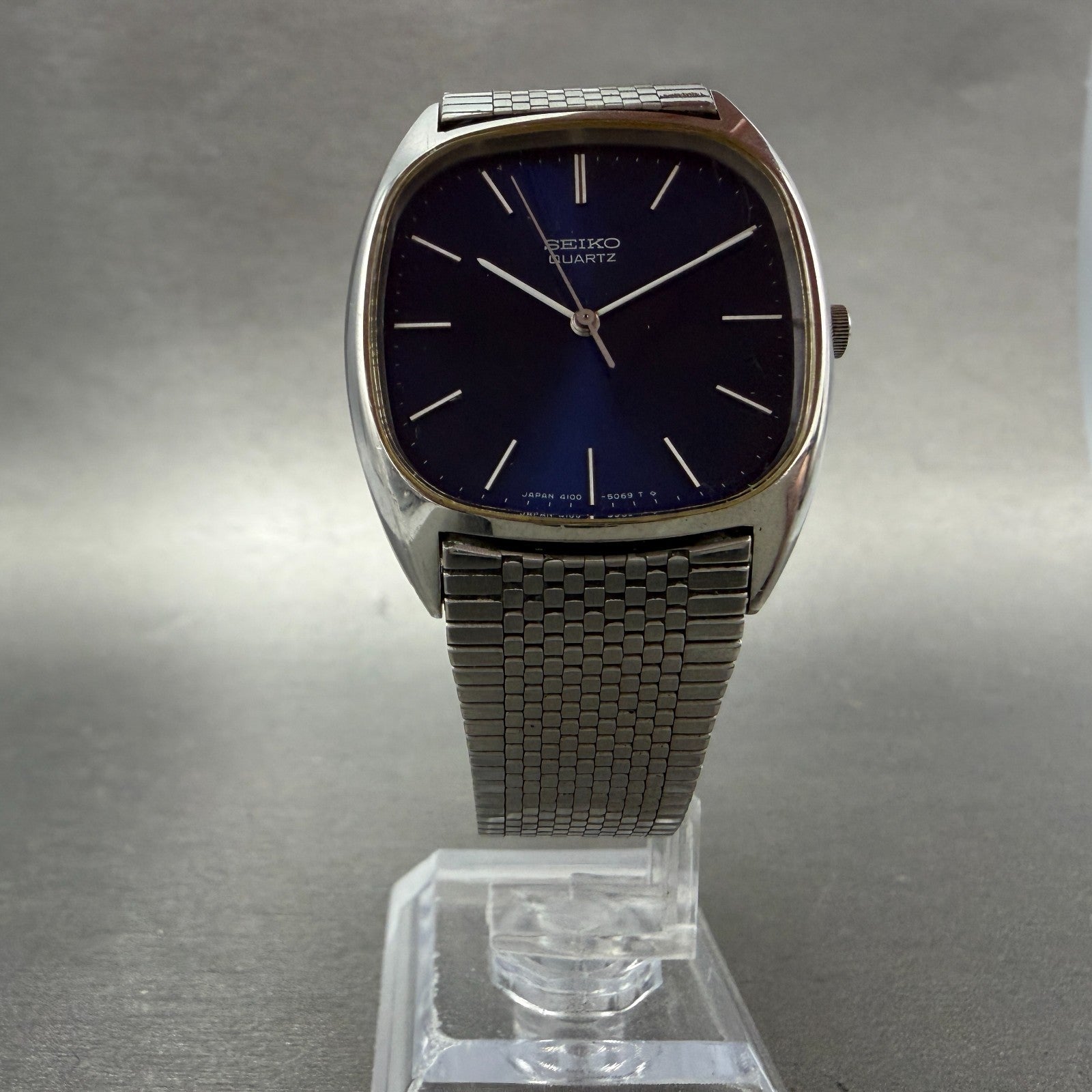 Seiko Watch Men 32mm Blue Dial Silver Tone Rectangle 4100-5069 New Battery VTG5