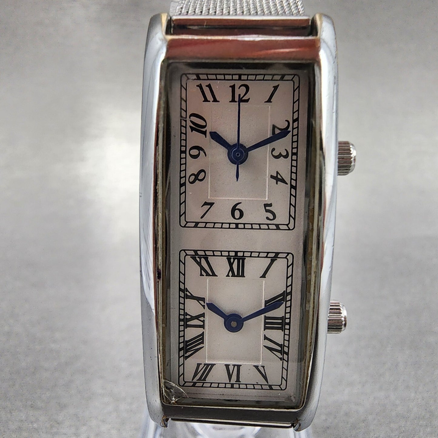 ANA Dual Time Tank Watch Women 19mm White Dial Steel Rectangle Mesh Band New Bat1