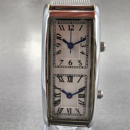 ANA Dual Time Tank Watch Women 19mm White Dial Steel Rectangle Mesh Band New Bat1