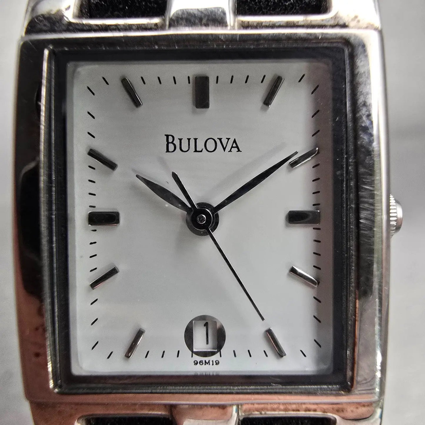 Bulova Watch Women 20mm White Dial Silver Tone Date Rectangle 96M19 New Battery1