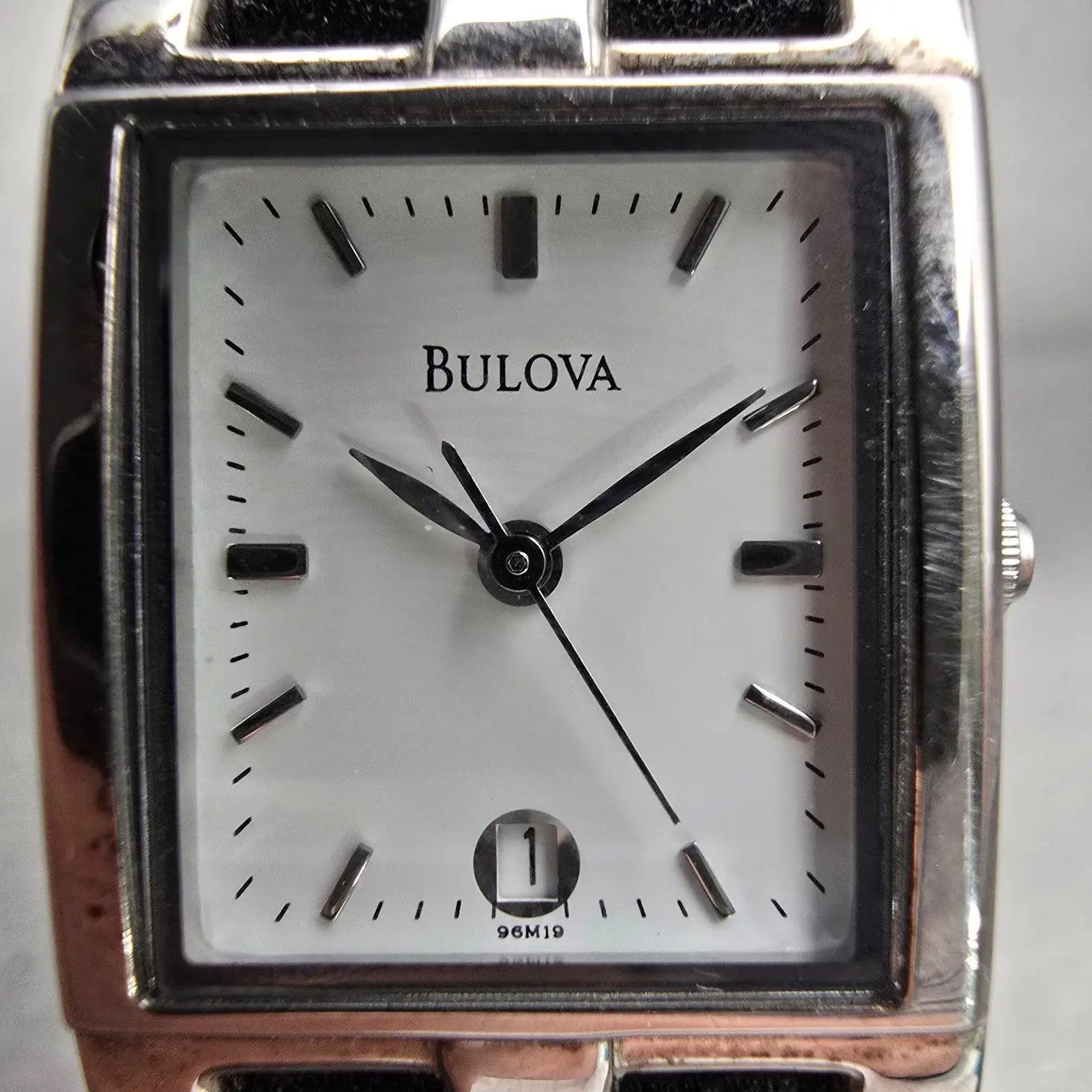 Bulova Watch Women 20mm White Dial Silver Tone Date Rectangle 96M19 New Battery1