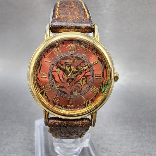 Seiko Watch Women 26mm Red Floral Dial Gold Tone Round 1n000d59 New Battery0