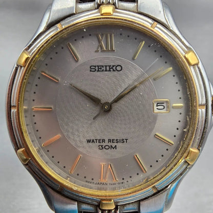 Seiko Watch Men 35mm Silver Dial Two Tone Date Round 7N32-0149 New Battery VTG1