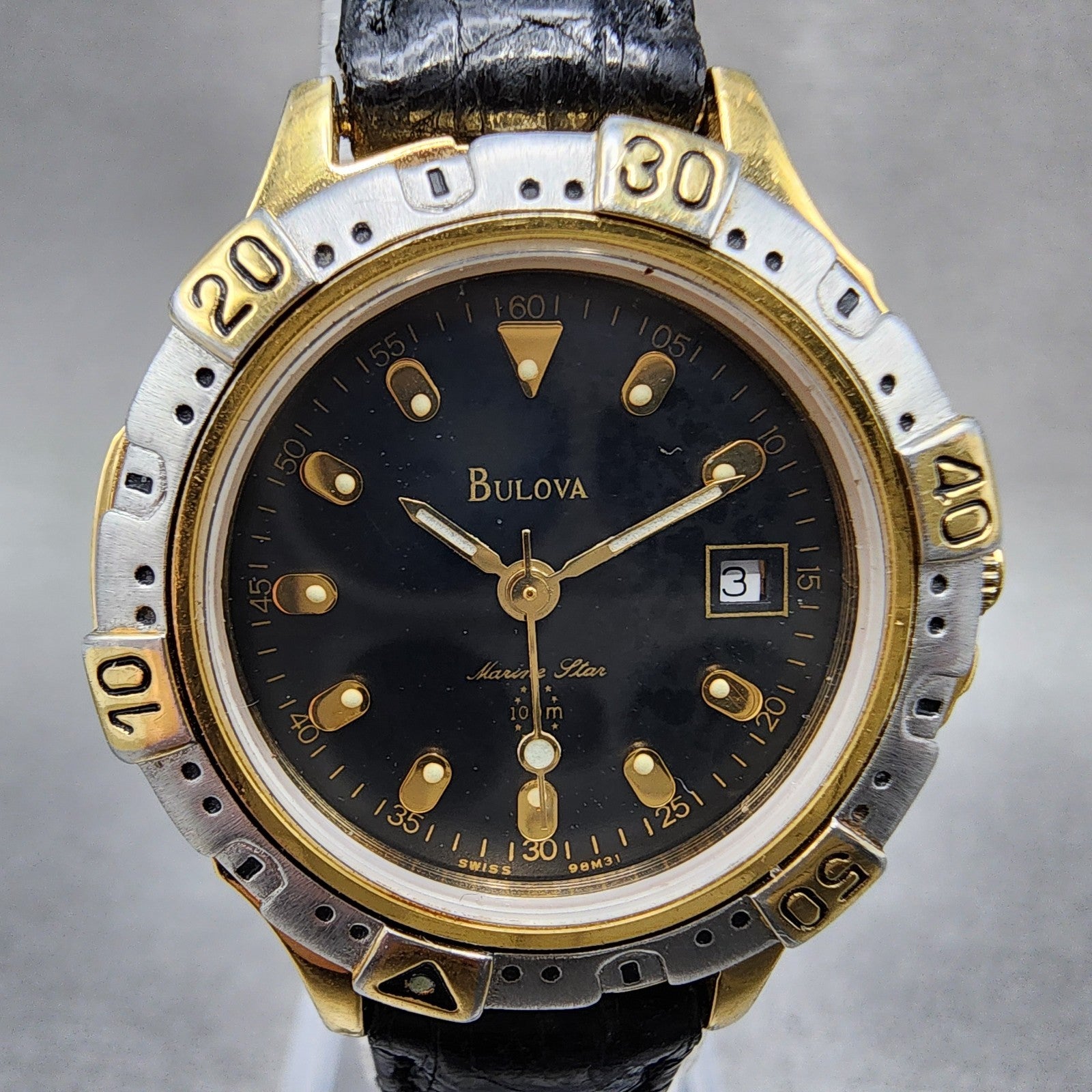 Bulova Marine Star Dive Watch Women 28mm Black Dial Gold Tone Date 98M31 PARTS2