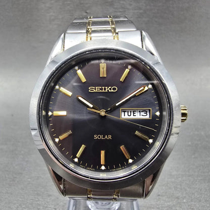 Seiko Solar Watch Men 37mm Black Dial Two Tone Daydate Round V158-0AB0 Runs YJH0