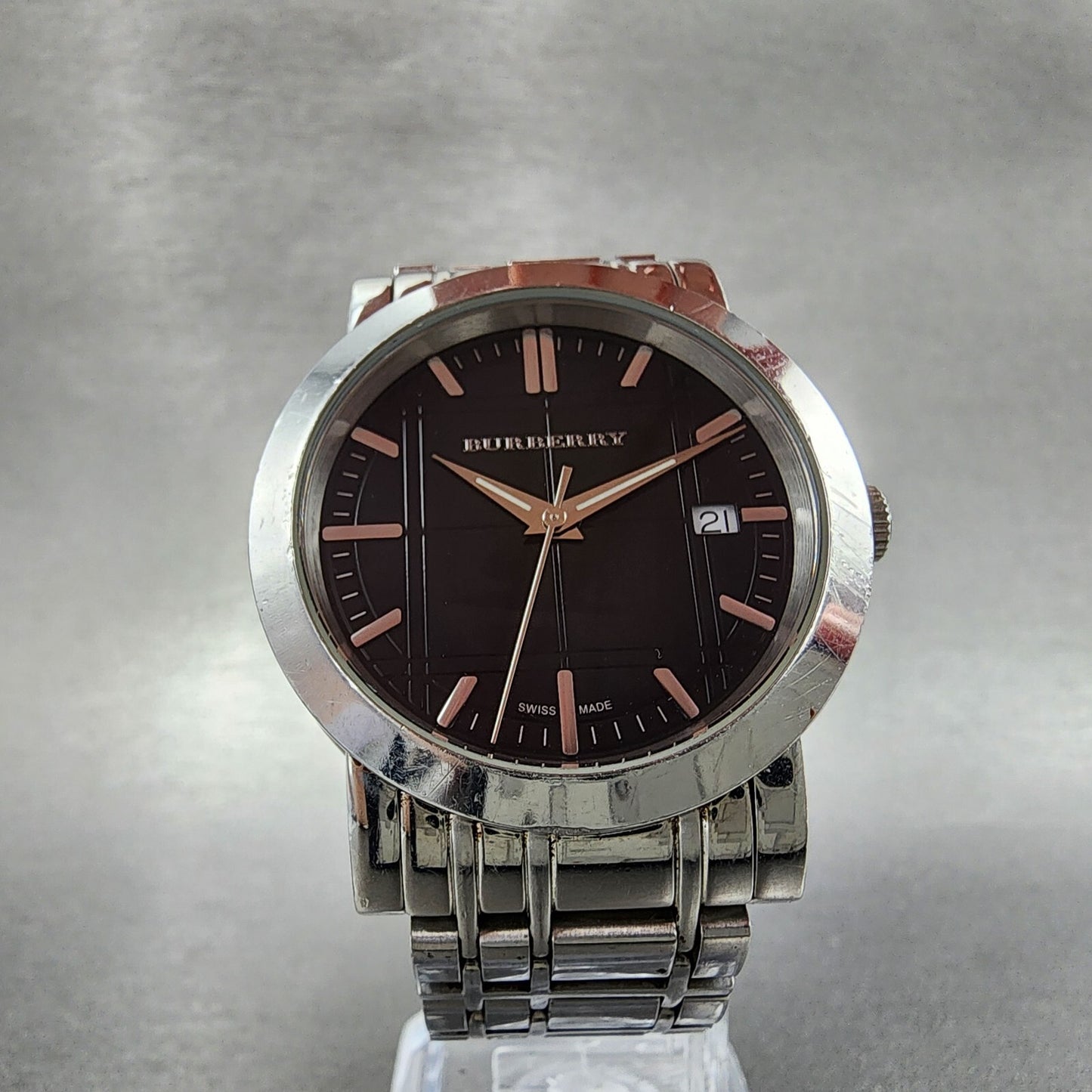 Burberry Watch Men 38mm Black Dial Steel Date Round BU1364 New Battery