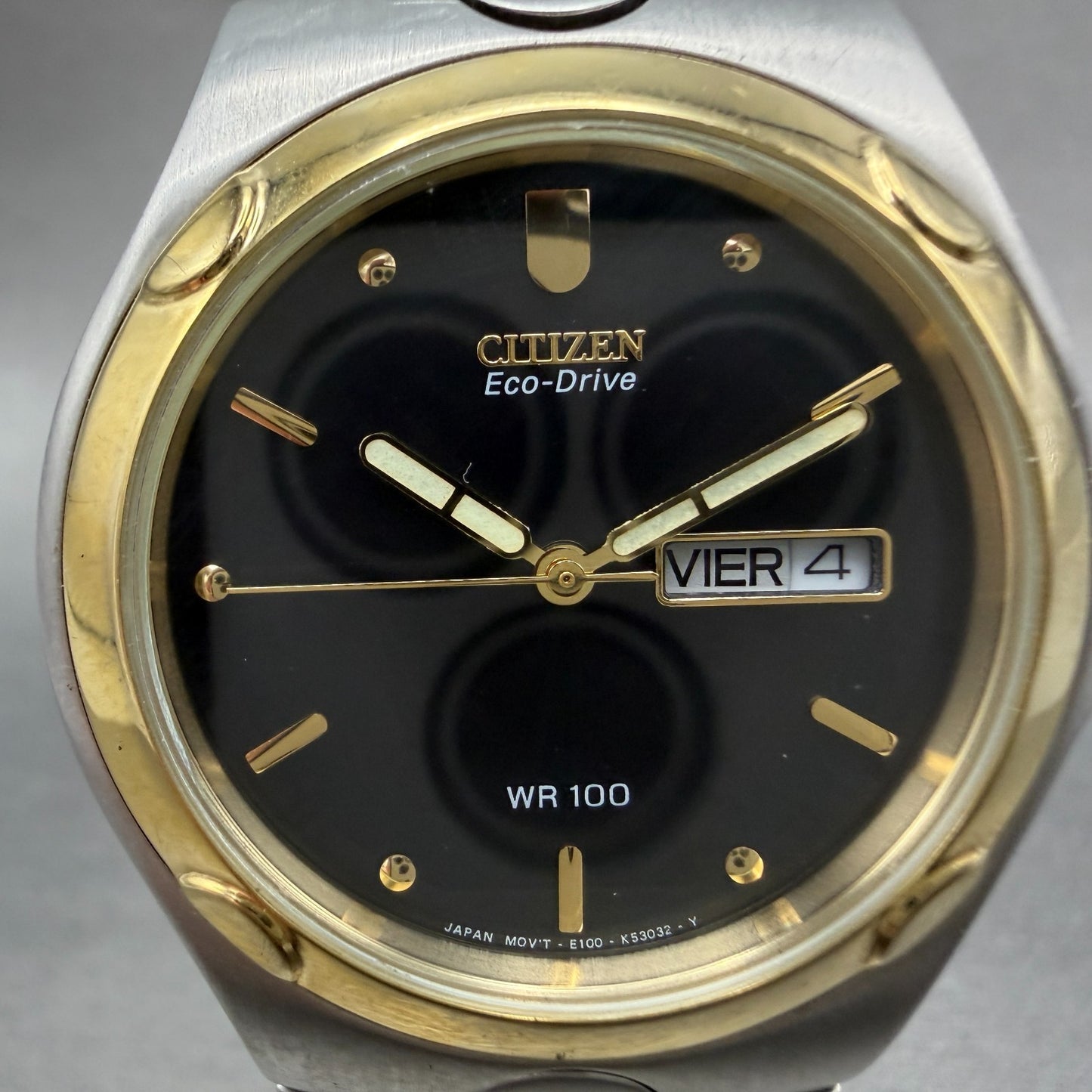 Citizen Eco-Drive Watch Men 36mm Black Dial Two Tone Daydate E100-K175431 Runs1
