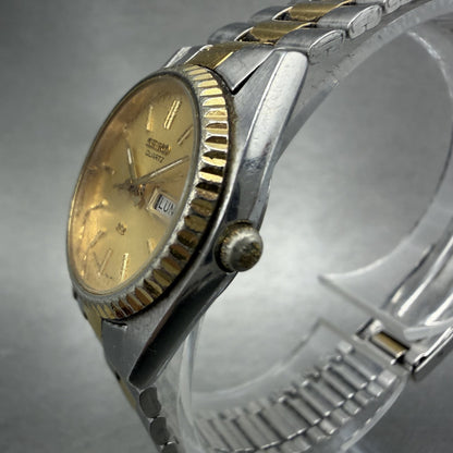 Seiko SQ Watch Women 24mm Gold Dial Two Tone Daydate Round 3E23-0A60 New Batt KD2