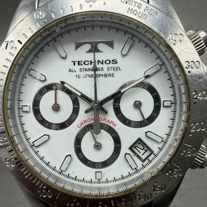 Technos Chronograph Watch Men 41mm White Dial Silver Tone Round T5128New Batt A1