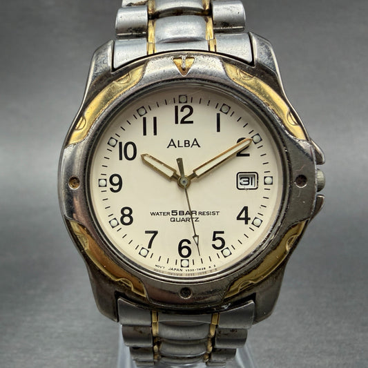 Seiko ALBA Watch Men 38mm Cream Dial Two Tone Date Round V532-7G60 New Battery0