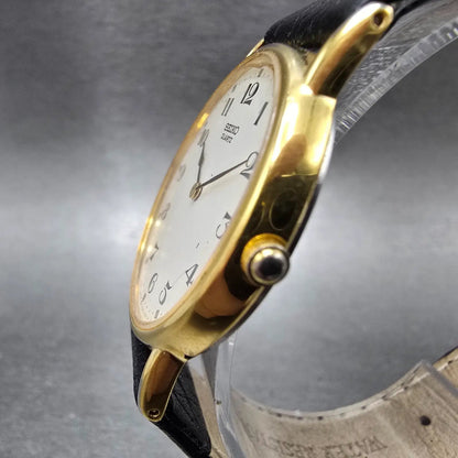 Seiko Watch Men 31mm White Dial Gold Round 5Y30-7000 New Battery VTG Leather2