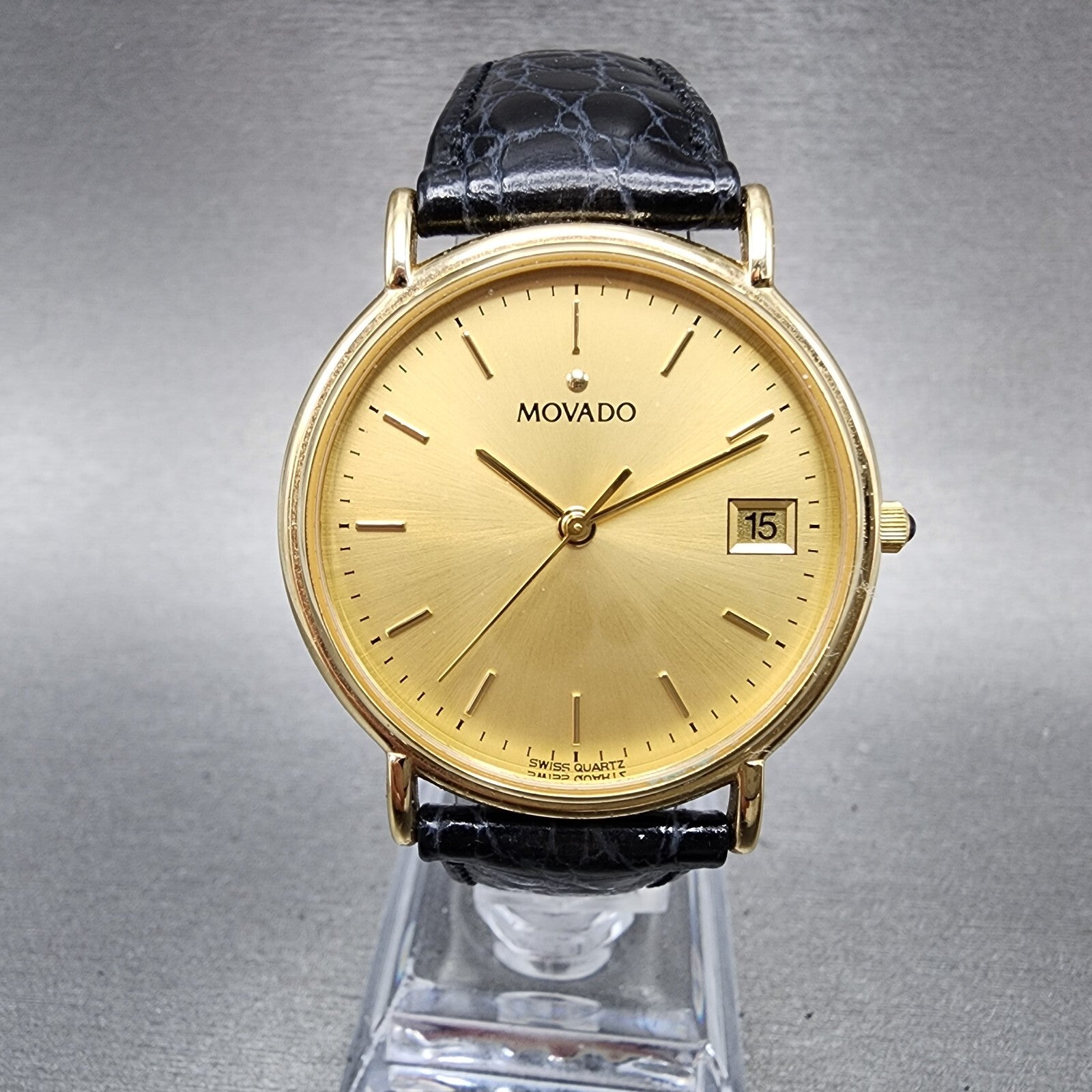 Movado Watch Men 34mm Gold Dial Gold Tone Date Round Leather Box New Battery4