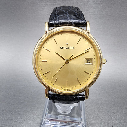 Movado Watch Men 34mm Gold Dial Gold Tone Date Round Leather Box New Battery4