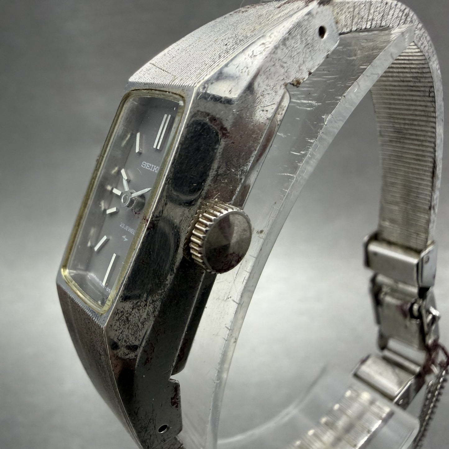 Seiko tank Watch Women 13mm Gray Dial Silver Tone Manual 1520-3570 Runs ABC2