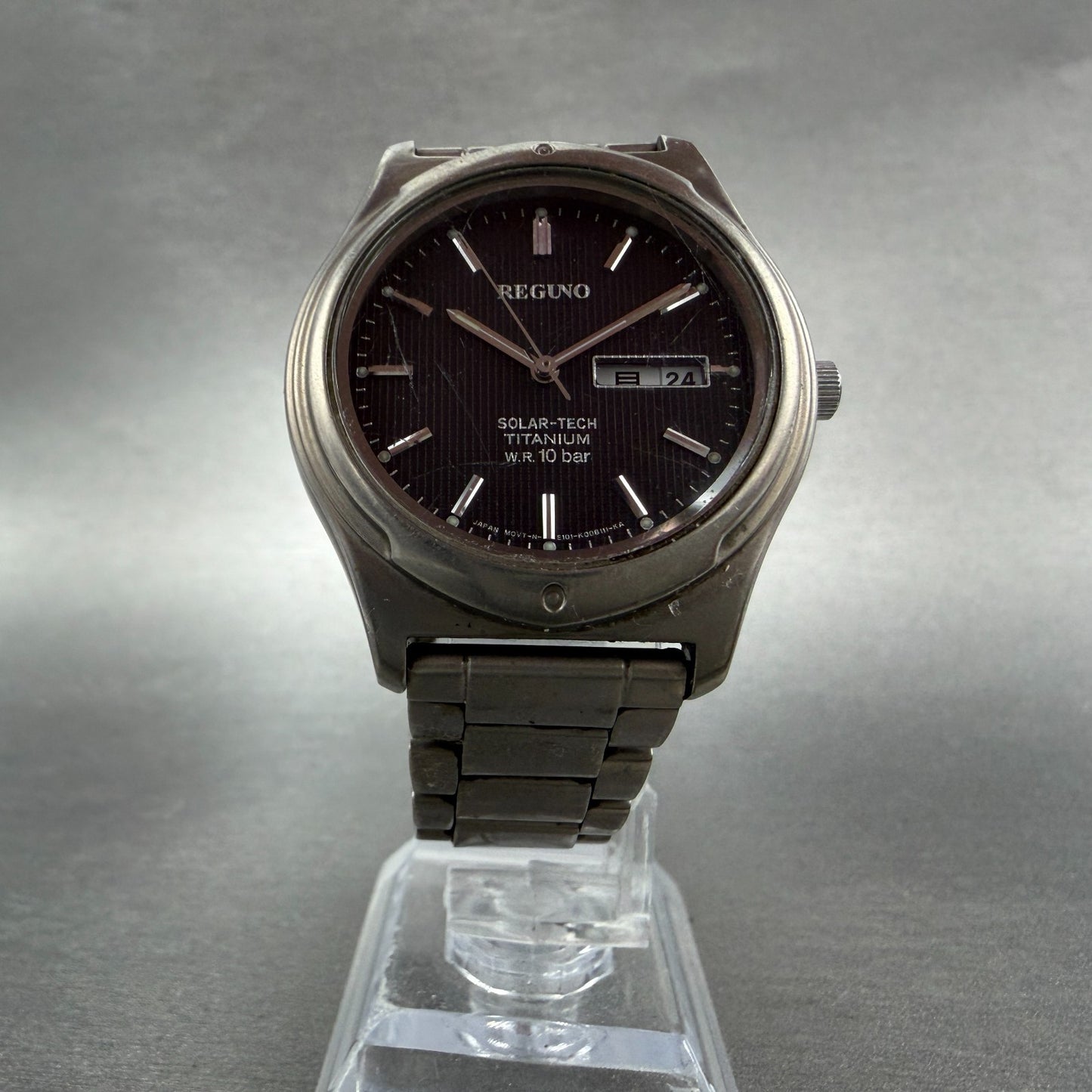 Citizen Reguno Watch Men 36mm Black Dial Titanium Daydate Solar Round Runs E1015