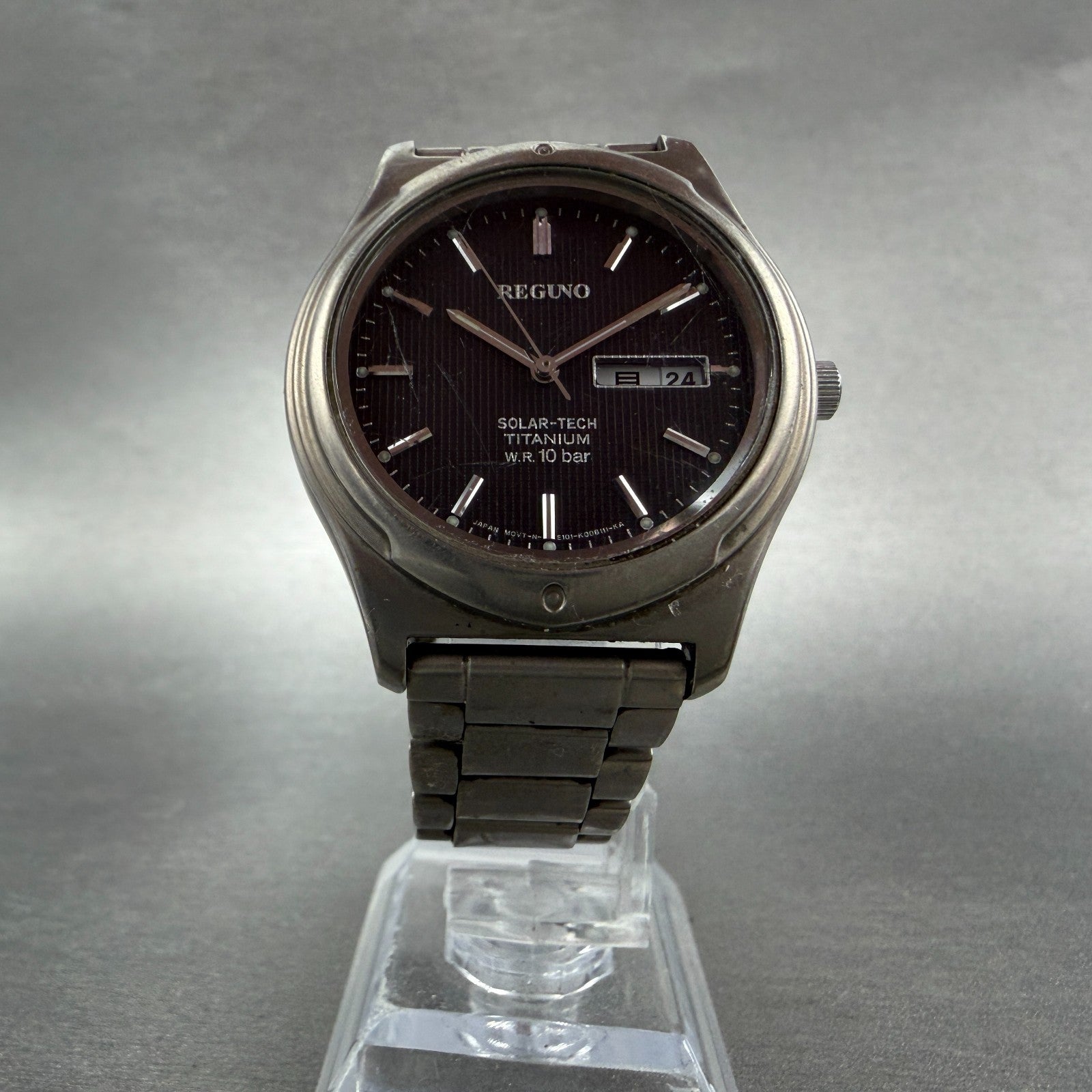 Citizen Reguno Watch Men 36mm Black Dial Titanium Daydate Solar Round Runs E1015