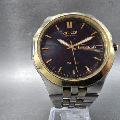 Citizen Eco-Drive Watch Men 39mm Black Dial Two Tone Daydate E101-S044294 WorksP5