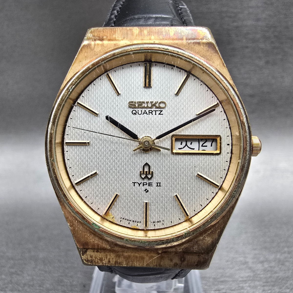 Seiko Type II Watch Men 35mm Silver Dial Gold Tone Daydate 8223-8090 New Battery0
