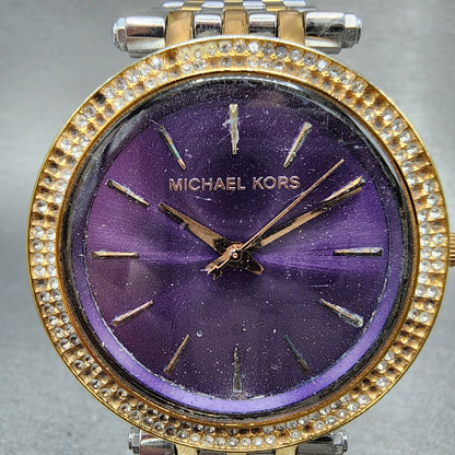 Michael Kors Darci Watch Women 39mm Purple Dial Two Tone Round MK3353 New Batt