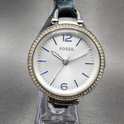 Fossil Georgia Watch Women 32mm Silver Dial Silver Tone Crystal Bezel New Batt