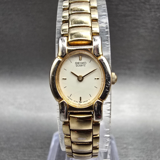 Seiko Watch Women 16mm Ivory Dial Gold Tone Oval 1F20-5A79 New Battey Vintage0