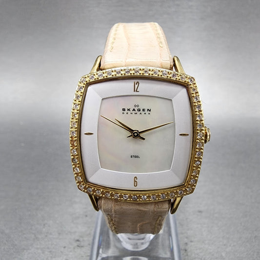Skagen Watch Women 28mm MOP Dial Gold Tone Crystal Bezel Square New Battery