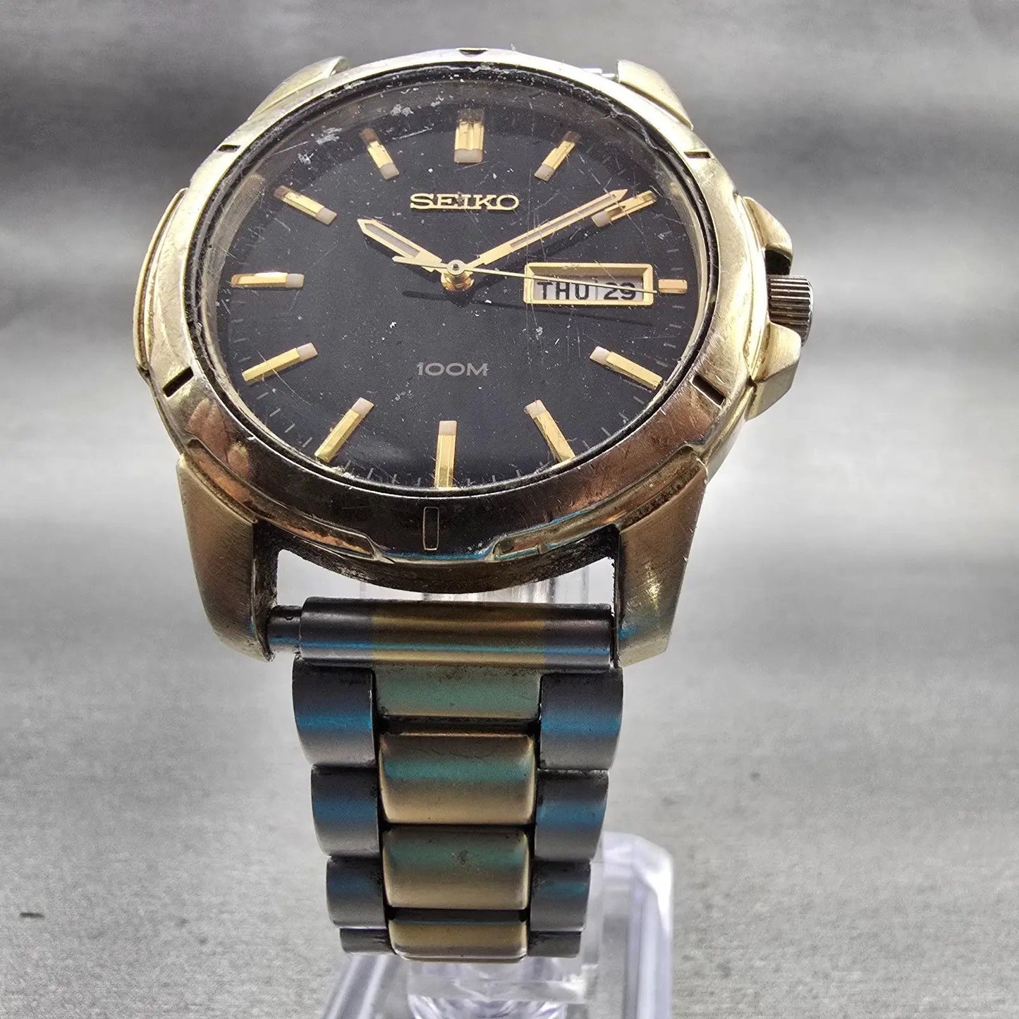 Seiko Watch Men 39mm Black Dial Gold Tone Daydate Round 7N43-0AZ0 New Battery5