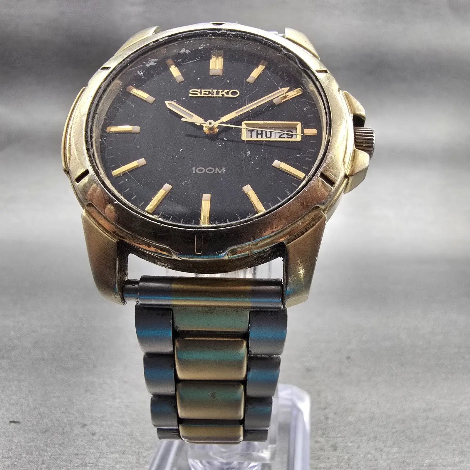 Seiko Watch Men 39mm Black Dial Gold Tone Daydate Round 7N43-0AZ0 New Battery5