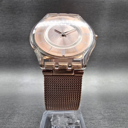 Swatch Skin Hello Darling Watch Women 33mm Rose Gold Dial Clear SFP115M New Batt5