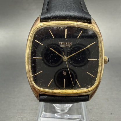 Citizen CQ Watch Men 32mm Black Dial Gold Tone Recatngle 4-795547 New Battery0