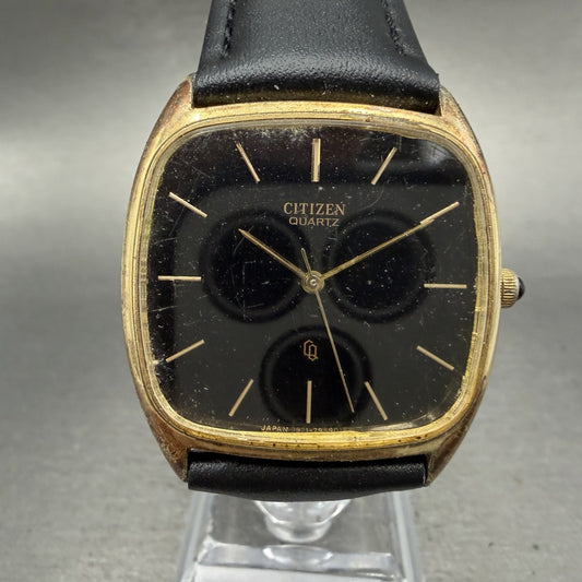 Citizen CQ Watch Men 32mm Black Dial Gold Tone Recatngle 4-795547 New Battery0