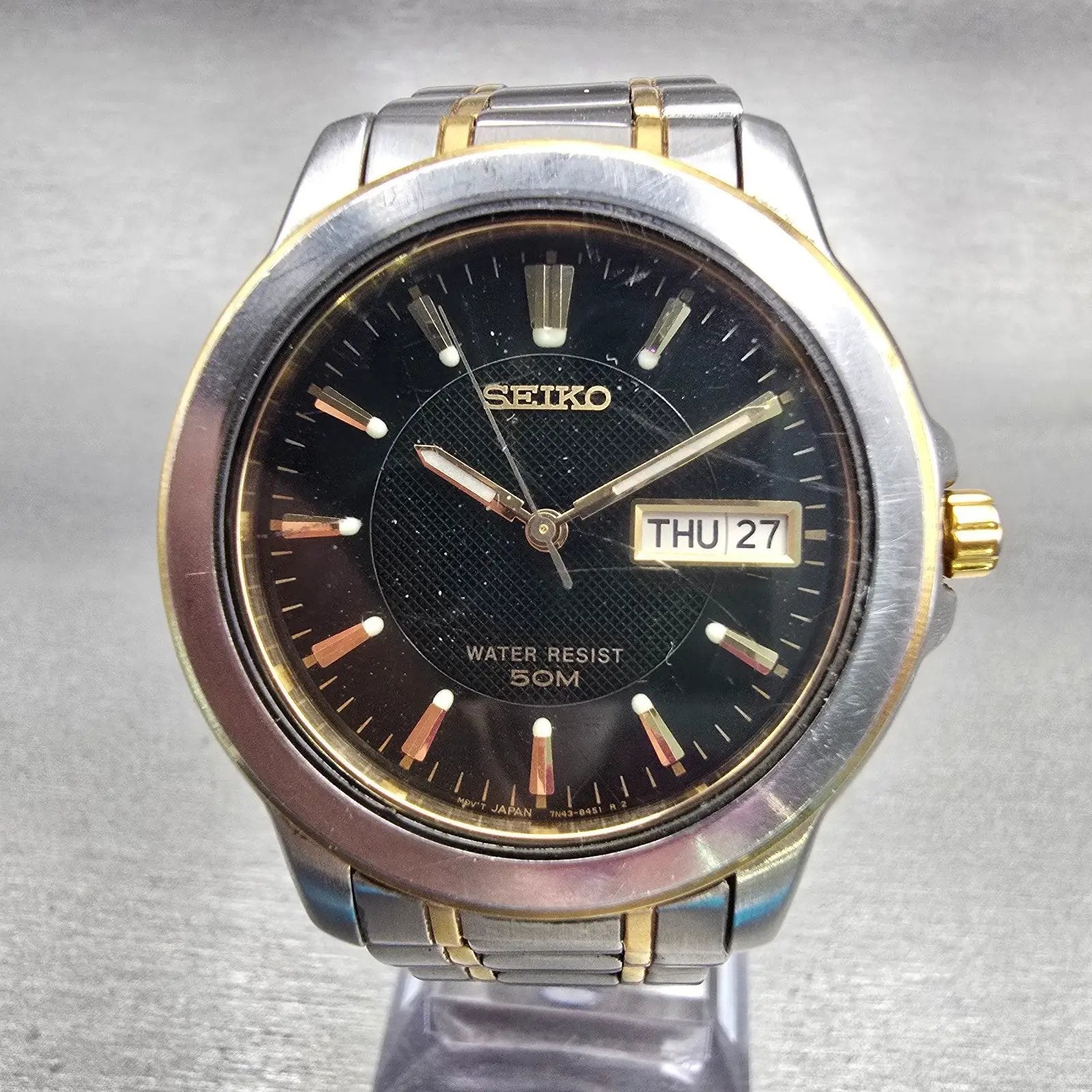 Seiko Watch Men 38mm Black Dial Two Tone Daydate Round 7N43-8309 New Battery VTG0