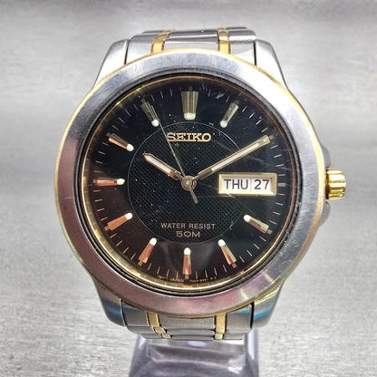 Seiko Watch Men 38mm Black Dial Two Tone Daydate Round 7N43-8309 New Battery VTG0