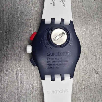 Swatch Free & Brave Chronograph Watch Men White Dial Blue Date SUSZ401 New Batt210
