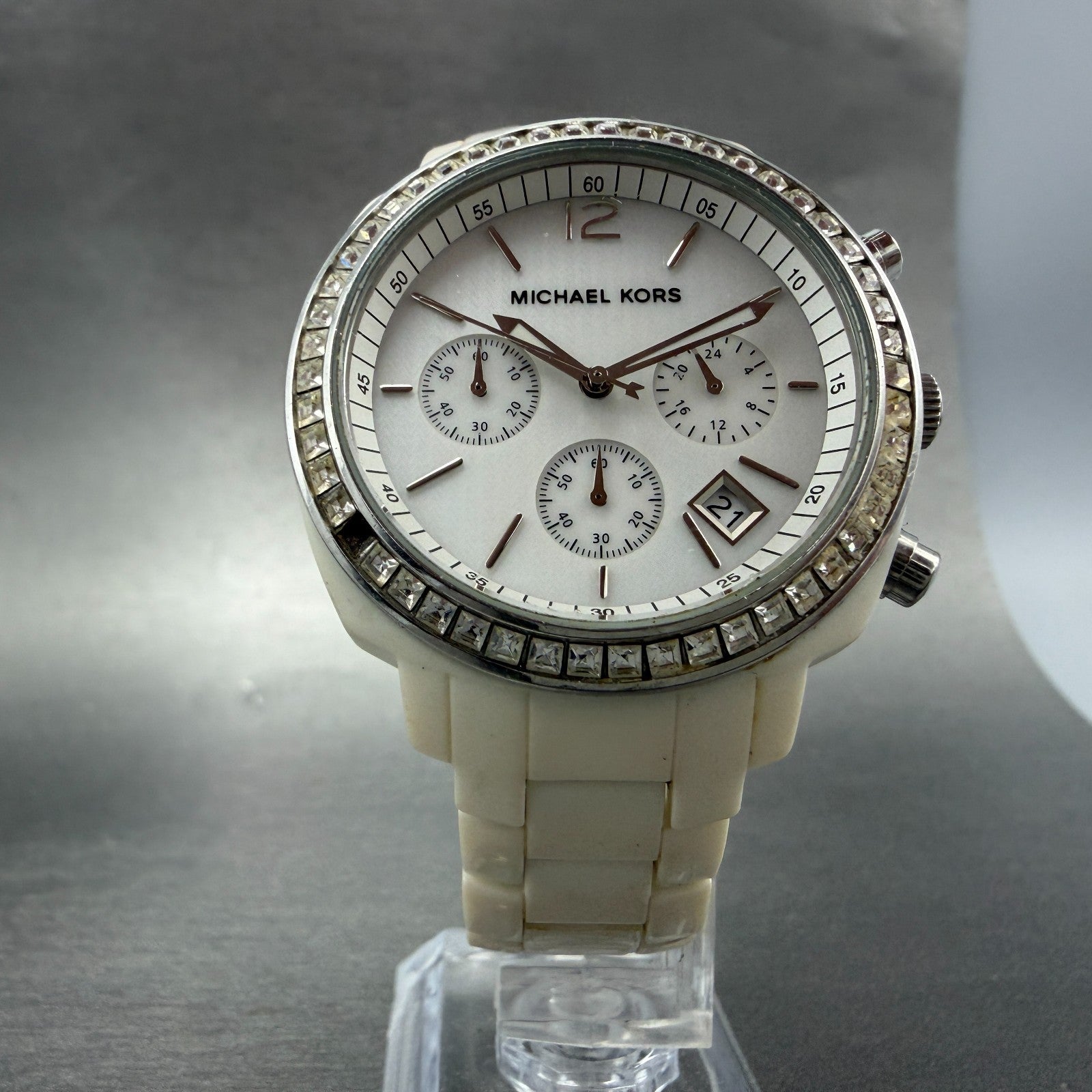 Michael kors Watch Women 40mm MOP Dial White Case Date Chrono MK-5079 New Batt5