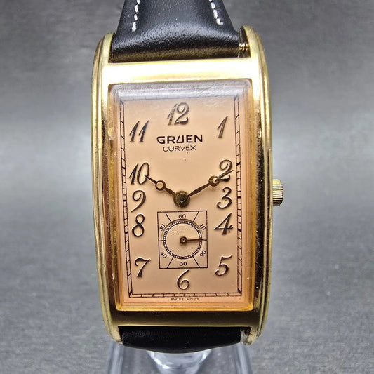 Gruen Curvex Watch Men 22mm Pink Dial Gold Tone Small Second Rectangle New Bat0