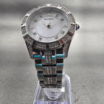 Bulova Watch Women 30mm MOP Dial Silver Tone Gemmed Round 96L116 New Battery5