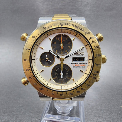 Seiko Chronograph Sports 150 Watch Men 40mm White Dial Two Tone 7t59-6a00 Newbat