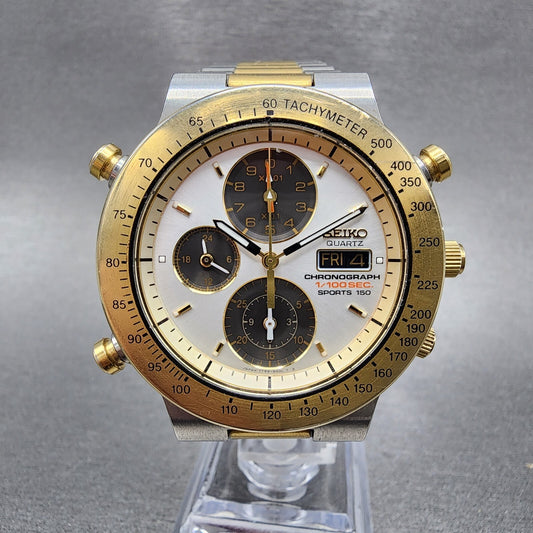 Seiko Chronograph Sports 150 Watch Men 40mm White Dial Two Tone 7t59-6a00 Newbat