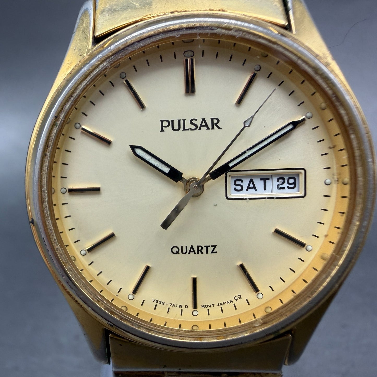 Pulsar Watch Men 34mm Champagne Dial Gold Tone Daydate Round V533-7a30 New Batt1