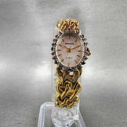 Gruen Watch Women 17mm White Dial Gold Oval Diamond & Gem Bezel New Battery5
