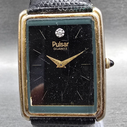 Pulsar Tank Watch Men 24mm Black Dial Gold Rectangle V320-5059 New Battery JP1