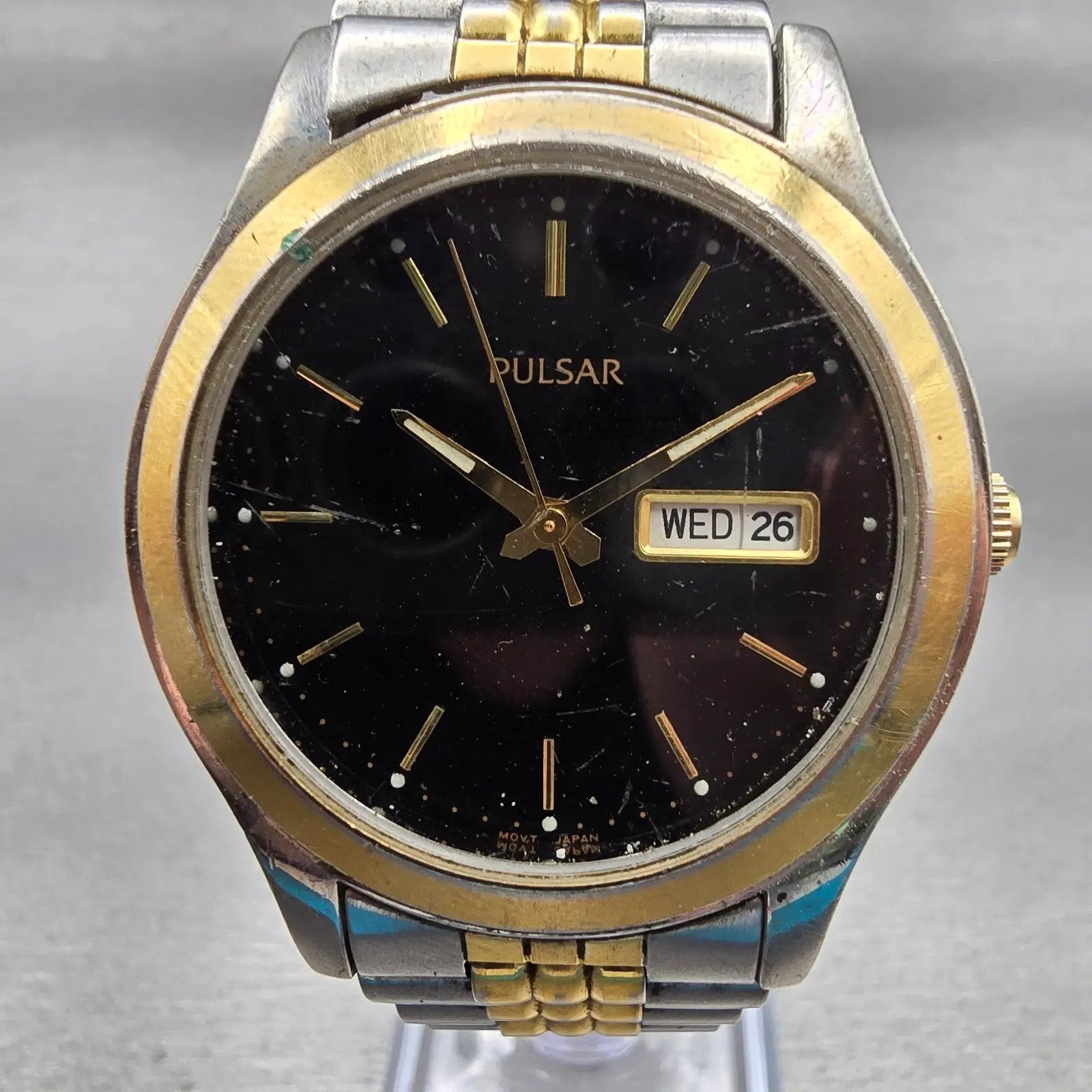 Seiko Pulsar Watch Men 36mm Black Dial Two Tone Daydate V733-X001 New Battery1