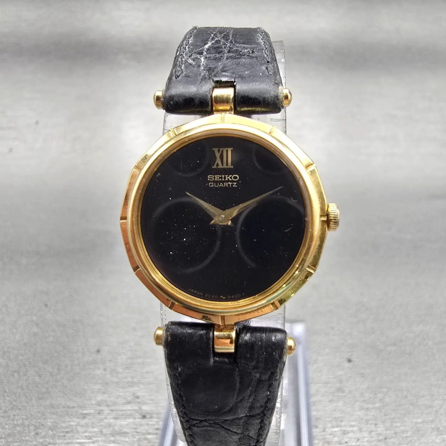 Seiko Watch Women 22mm Black Dial Gold Tone Round 2C20-0050 New Battery Vintage0