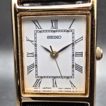 Seiko Tank Watch Women 18mm White Dial Gold Rectangle 1N01-0LK0 New Battery JP1