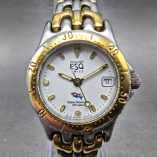 ESQ Dive Watch Women 27mm White Dial Two Tone Date Round 100408 New Battery0