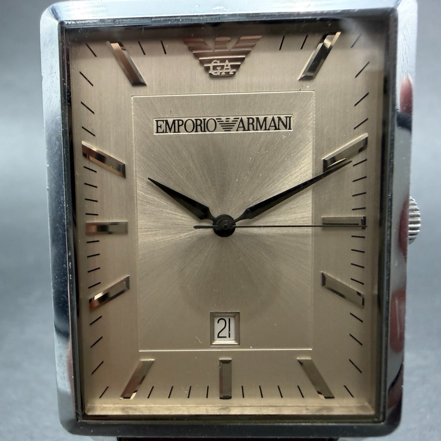 Emporio Armani Tank Watch Men 33mm Gray Dial Silver Tone Date AR-2419 New Batt1