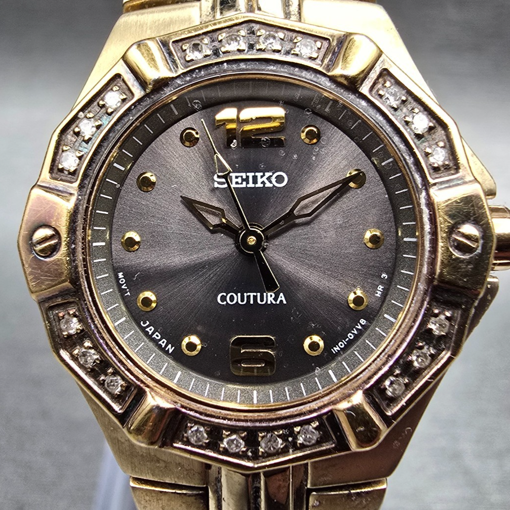 Seiko Coutura Watch Women 23mm Brown Dial Gold Tone Diamonds 1N01-0LE0 New Batt1
