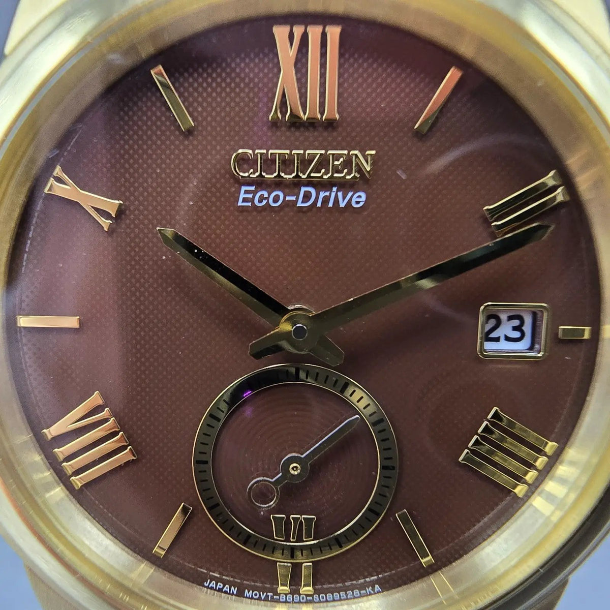 Citizen Eco-Drive Watch Men 37mm Brown Dial Gold Date Small Seconds Works WBox2